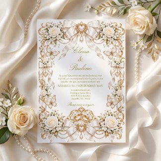 Elegante Coquette-Hochzeit, weißer Satin-Schleife Einladung