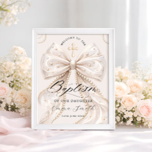 Elegante Coquette-Schleife mit Perlen-Taufbegrüßun Poster