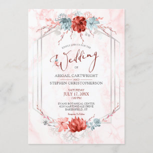 Elegante Coral Floral Geometric Marble Wedding Einladung