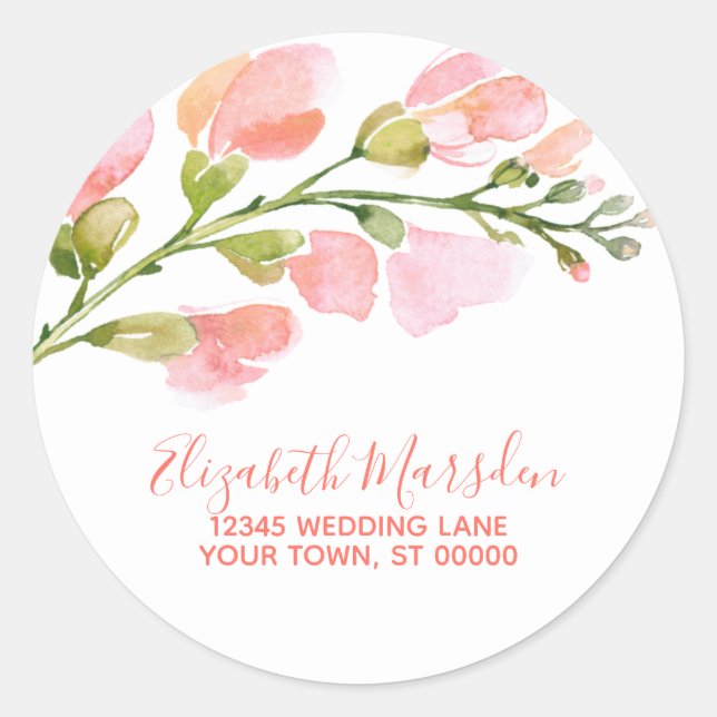 Elegante Coral Gold Floral Script-Rücksendeadresse Runder Aufkleber (Vorderseite)