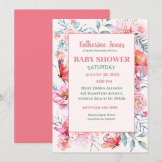 Elegante Coral Pink Blumendusche Einladung
