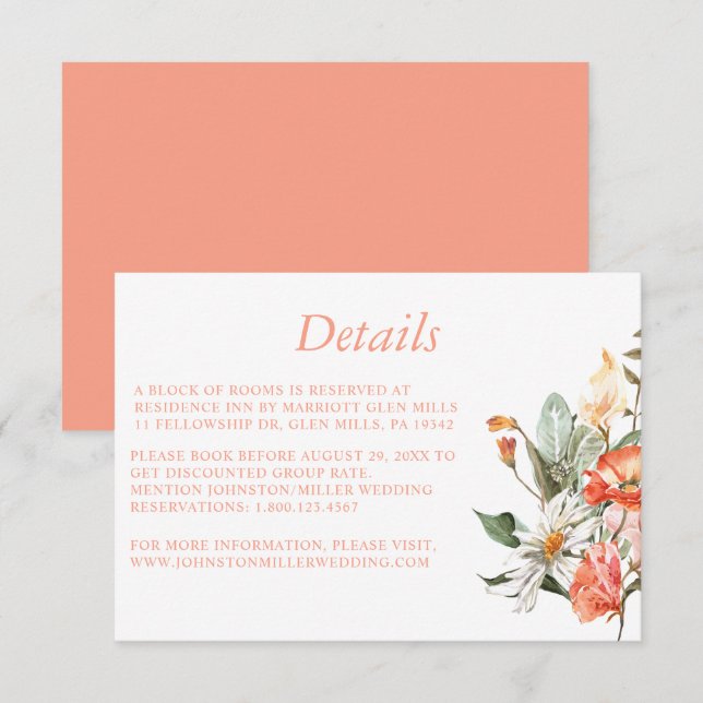 Elegante Coral Pink Floral Wedding Details Card Einladung (Vorne/Hinten)