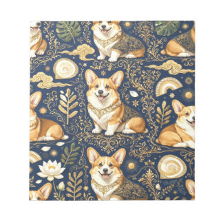 Elegante Corgi-Hunde Gold-Damask Navy Blau Muster  Notizblock