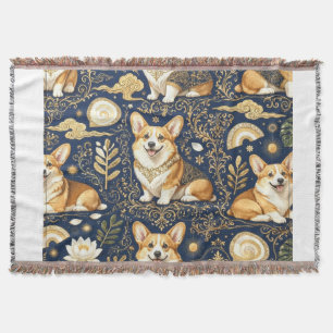 Elegante Corgi-Hunde Gold-Damask Navyblau-Muster Decke