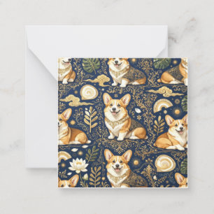 Elegante Corgi-Hunde Gold-Damask Navyblau-Muster Mitteilungskarte
