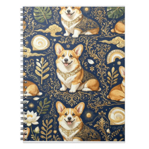 Elegante Corgi-Hunde Gold-Damaskus Navy Blau Muste Notizblock