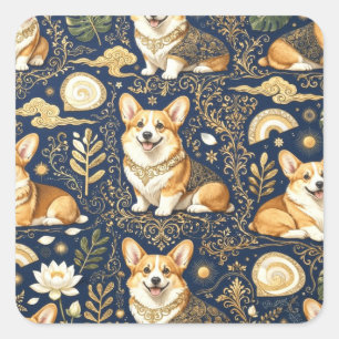 Elegante Corgi-Hunde Gold-Damaskus Navyblau-Muster Quadratischer Aufkleber