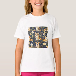 Elegante Corgi-Hunde Gold-Damaskus Navyblau-Muster T-Shirt