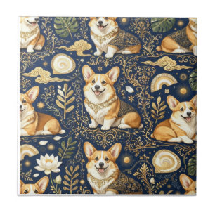 Elegante Corgi-Hunde Gold Damast Navy Blau Muster  Fliese