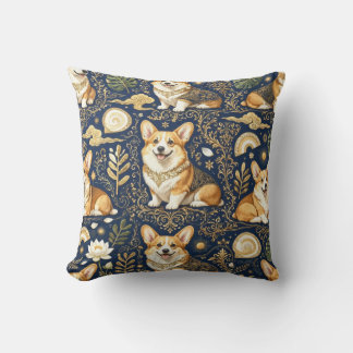 Elegante Corgi-Hunde Gold Damast Navy Blau Muster  Kissen