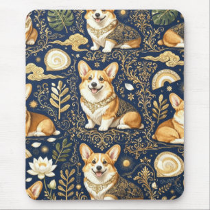 Elegante Corgi-Hunde Gold Damast Navy Blau Muster Mousepad