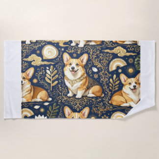 Elegante Corgi-Hunde Gold Damast Navy Blau Muster  Strandtuch