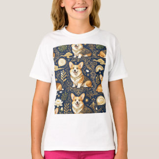 Elegante Corgi-Hunde Gold Damast Navy Blau Muster  T-Shirt