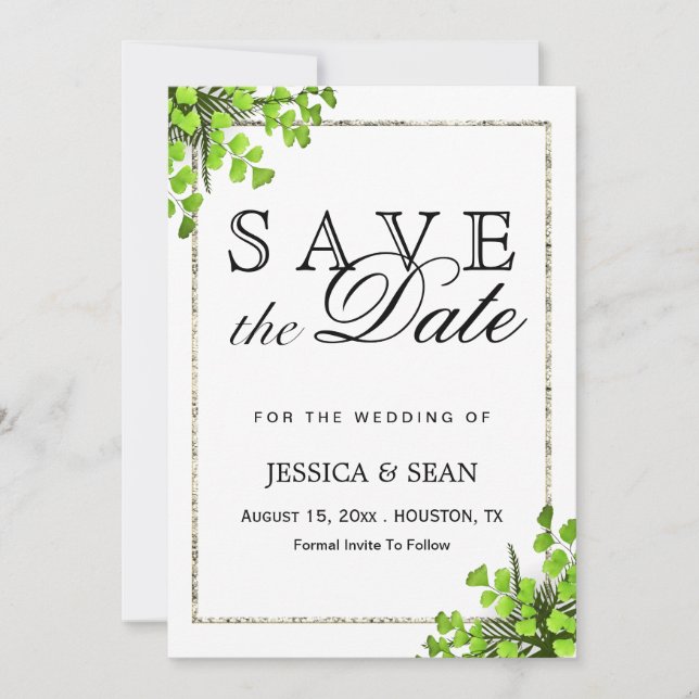 Elegante Corner Fern Dekoration Hochzeit Save The Date (Vorderseite)