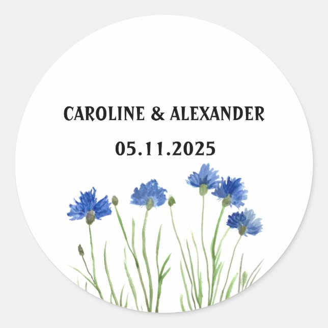 Elegante Cornflwers Wildblumen Hochzeit Runder Aufkleber (Vorderseite)
