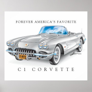 Elegante Corvette C1 Ilustration Silver Color Poster