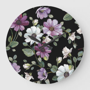 Elegante Cosmos-Blumen: Wasserfarbene Nahtlose. Große Wanduhr