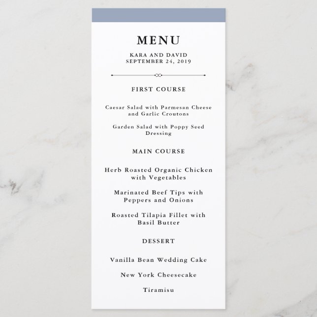 Elegante Couture | Dusty Blue Wedding Menu Menükarte (Vorderseite)