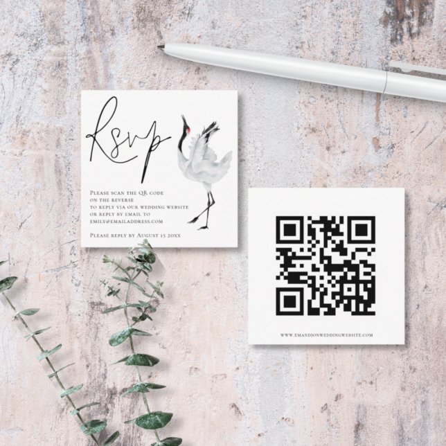 Elegante Crane Bird Script QR Code Wedding RSVP Begleitkarte (Von Creator hochgeladen)