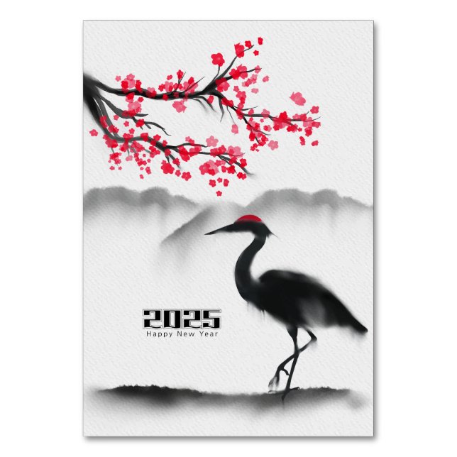 Elegante Crane Cherry Blossom Neujahrskarte Tischnummer (Vorderseite)