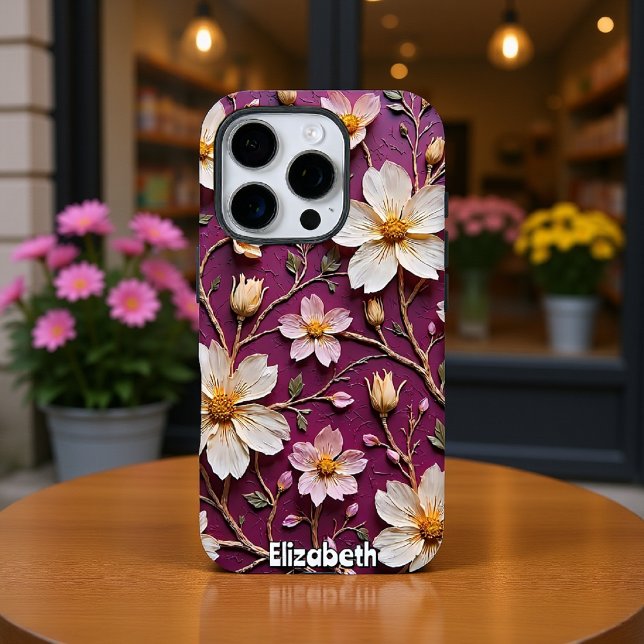 Elegante Cream-Blume auf Texturierten Lila Case-Mate iPhone Hülle (Von Creator hochgeladen)