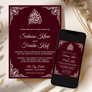 Elegante Cream Burgundy Islamische Hochzeit Einladung