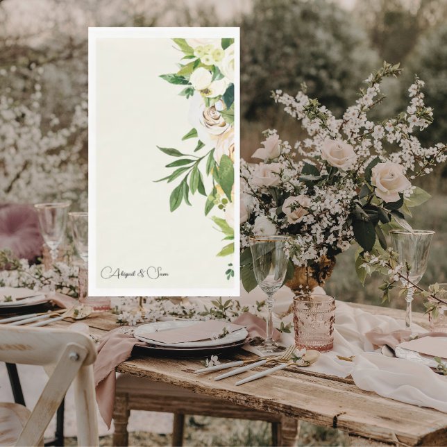 Elegante Cream Floral Script-Namen Hochzeit Serviette (Von Creator hochgeladen)