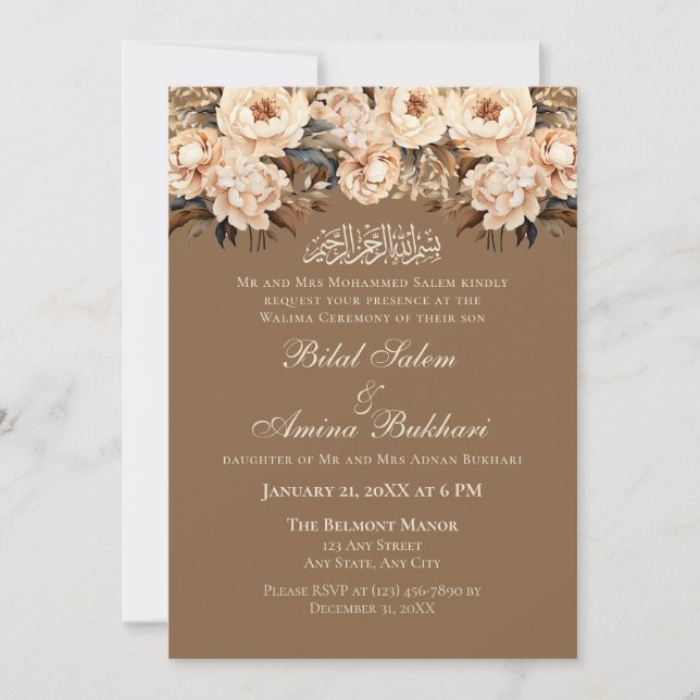 Elegante Cream floral Walima Wedding Einladung (Vorderseite)