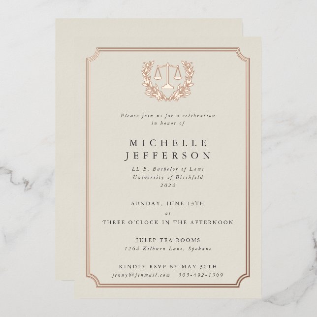 Elegante Cream Law School Graduation Party Folieneinladung (Vorderseite/Rückseite)