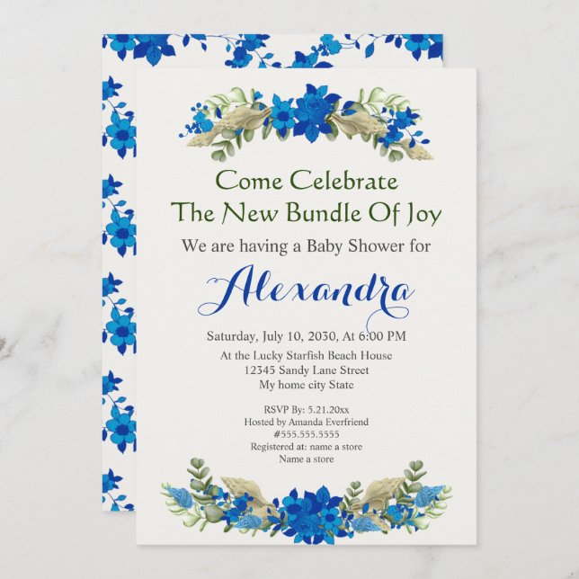 Elegante Cream Muscheln Blue Boy Floral Baby Dusch (Vorne/Hinten)