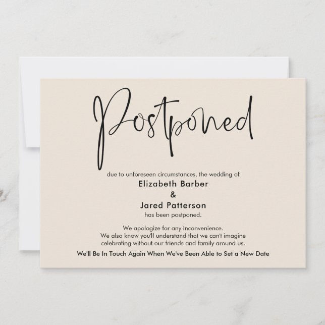Elegante Cream Postponed Wedding Announcement Card Einladung (Vorderseite)