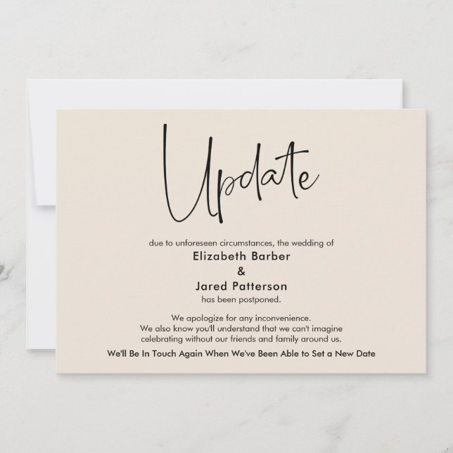 Elegante Cream Postponed Wedding Update Card Einladung (Vorderseite)