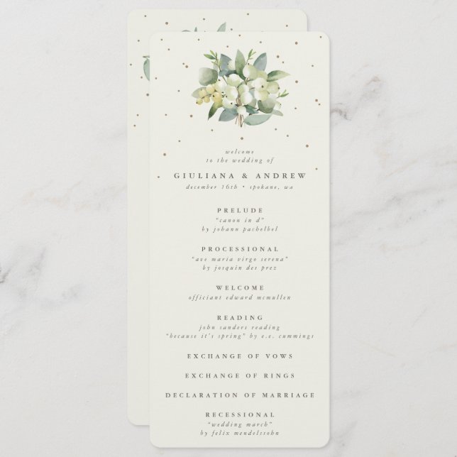 Elegante Cream Snowberry+Eucalyptus Bouquet Weddin Programm (Vorne/Hinten)
