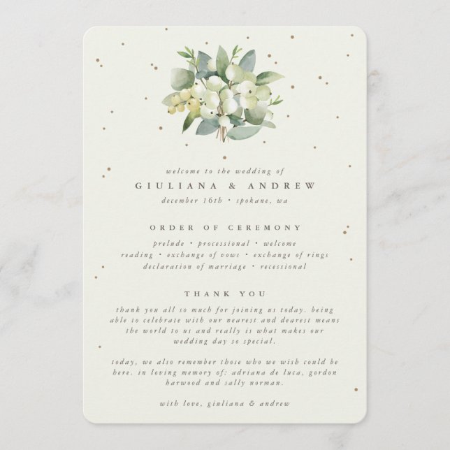 Elegante Cream Snowberry+Eucalyptus Bouquet Weddin Programm (Vorderseite)