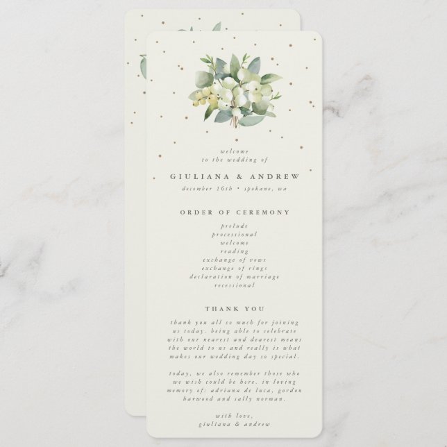Elegante Cream Snowberry+Eucalyptus Bouquet Weddin Programm (Vorne/Hinten)