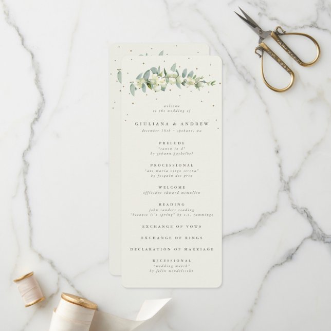 Elegante Cream Snowberry+Eucalyptus Stem Wedding Programm (Vorderseite/Rückseite Beispiel)