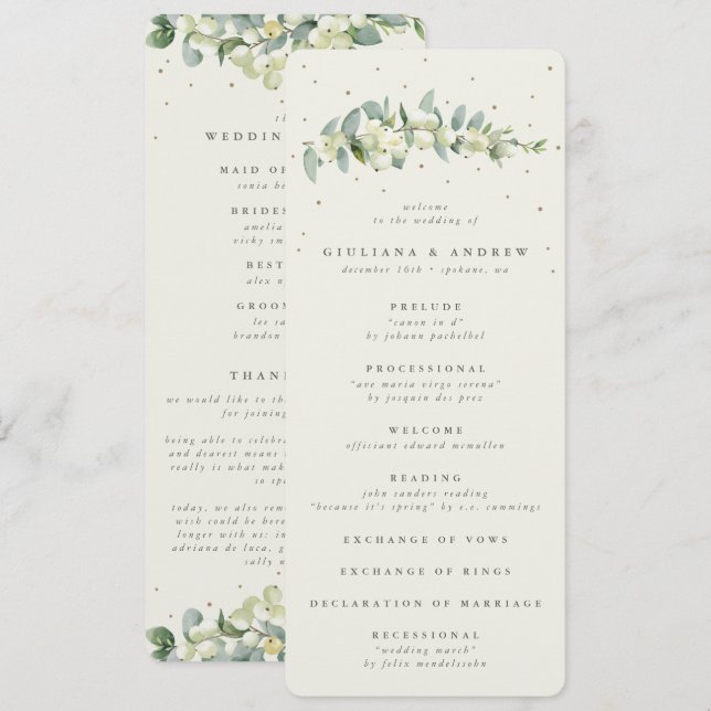 Elegante Cream Snowberry+Eucalyptus Stem Wedding Programm (Vorne/Hinten)