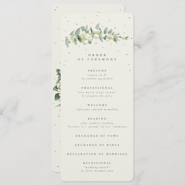 Elegante Cream Snowberry+Eucalyptus Stem Wedding Programm (Vorne/Hinten)