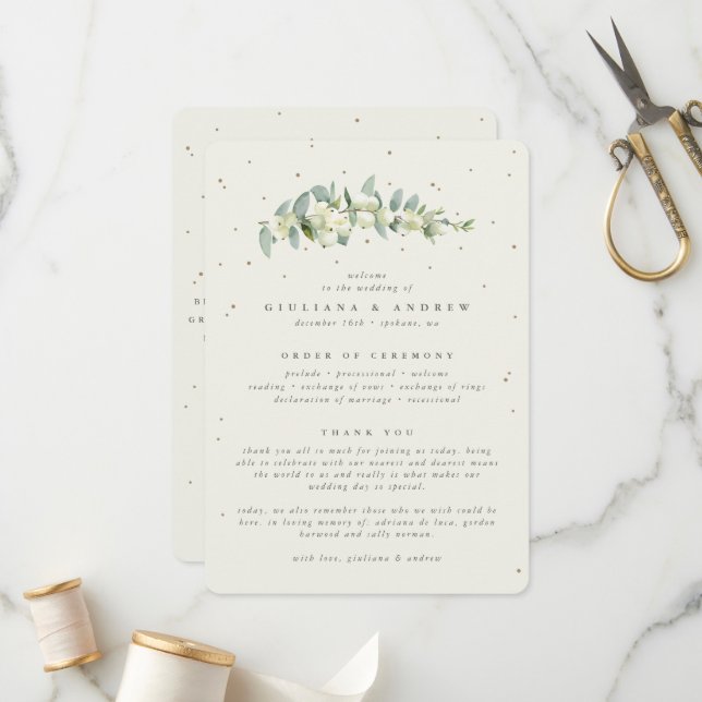 Elegante Cream Snowberry+Eucalyptus Stem Wedding Programm (Vorderseite/Rückseite Beispiel)