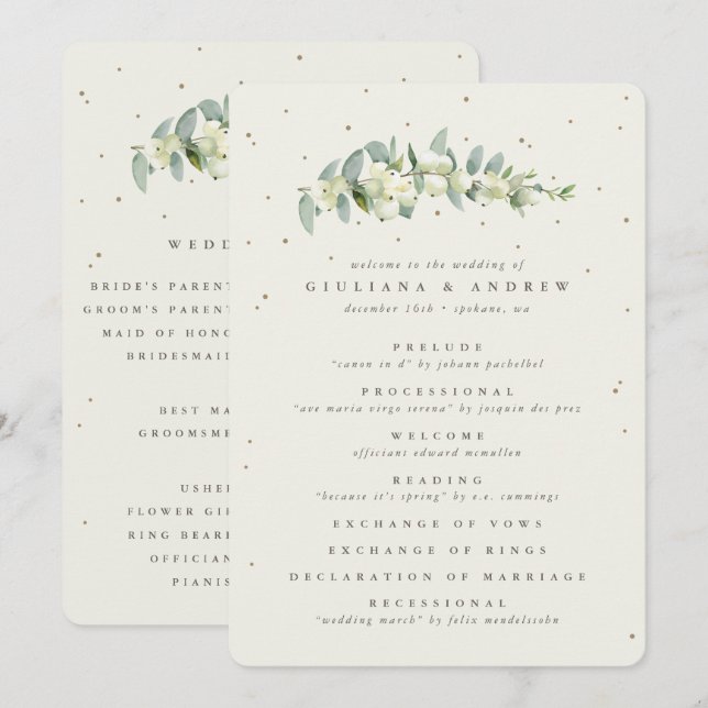 Elegante Cream Snowberry+Eucalyptus Stem Wedding Programm (Vorne/Hinten)