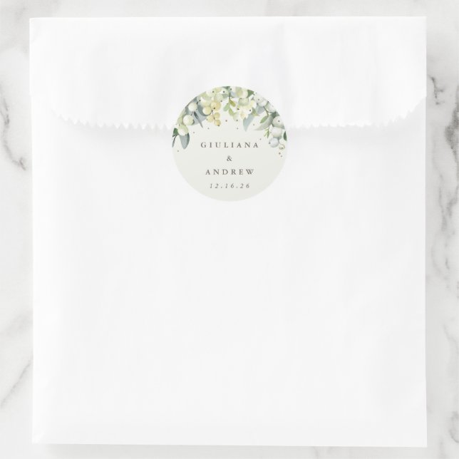 Elegante Cream Snowberry+Eucalyptus Wedding Runder Aufkleber (Tasche)