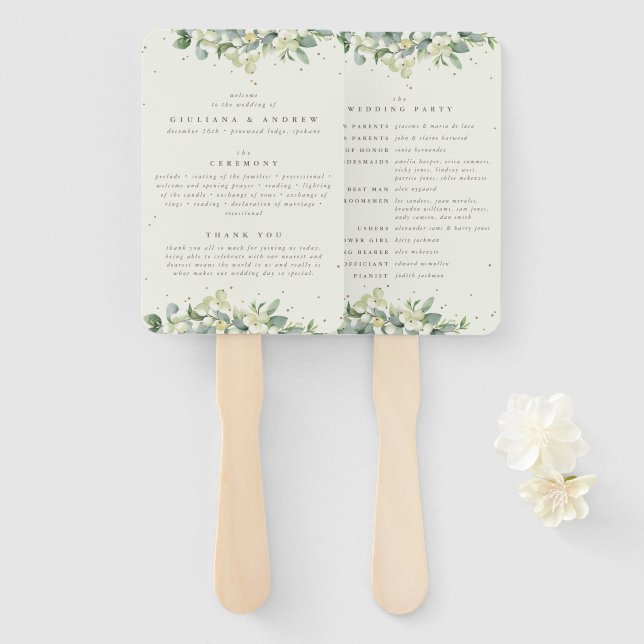 Elegante Cream Snowberry+Eucalyptus Winter Wedding Fächer (Vorne und Hinten)