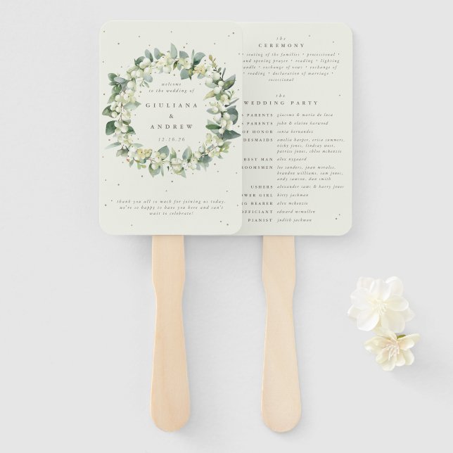 Elegante Cream Snowberry+Eucalyptus Winter Wedding Fächer (Vorne und Hinten)