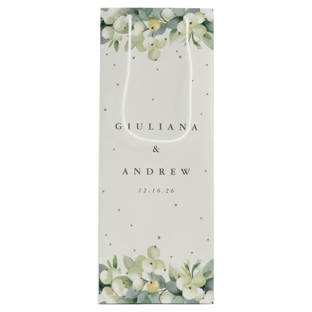 Elegante Cream Snowberry+Eucalyptus Winter Wedding Geschenktüte Für Weinflaschen (Vorderseite)