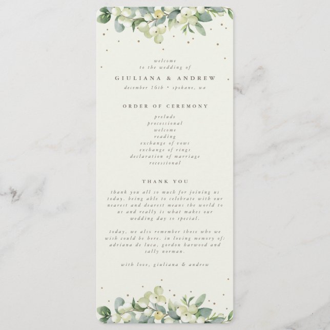 Elegante Cream Snowberry+Eucalyptus Winter Wedding Programm (Vorderseite)