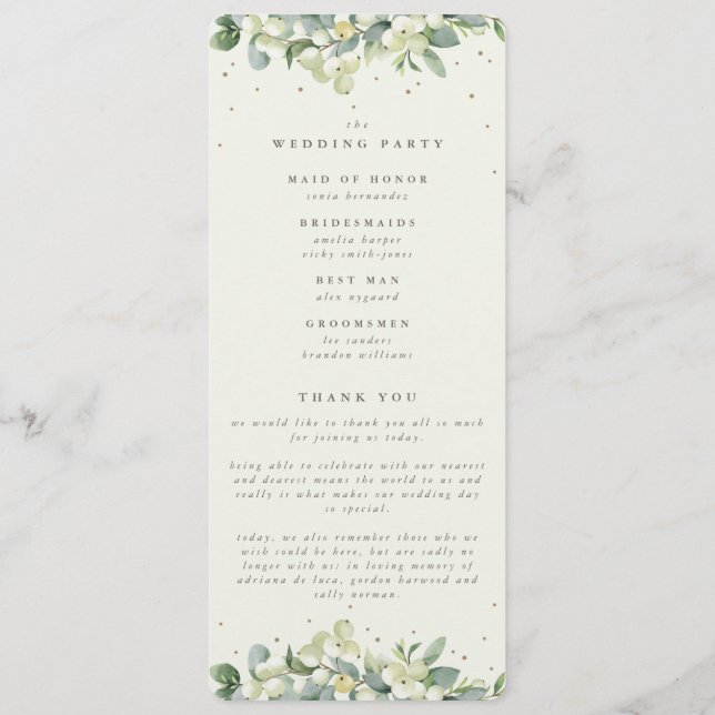 Elegante Cream Snowberry+Eucalyptus Winter Wedding Programm (Rückseite)