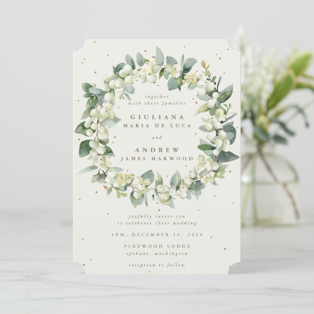 Elegante Cream Snowberry+Eucalyptus Wreath Wedding Einladung (Stehend Vorderseite)
