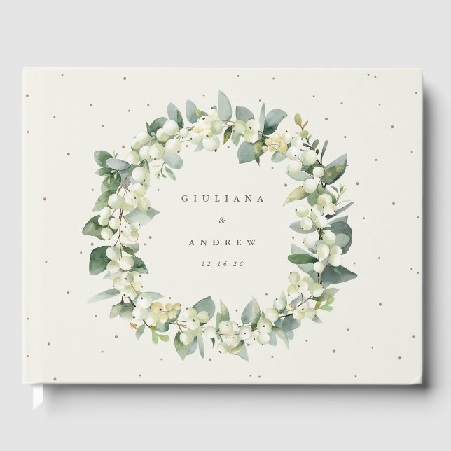 Elegante Cream Snowberry+Eucalyptus Wreath Wedding Gästebuch (Vorderseite)