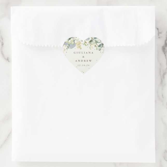 Elegante Cream Snowberry+Eucalyptus Wreath Wedding Herz-Aufkleber (Tasche)
