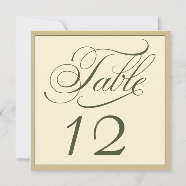 Elegante Cream und Green Script Tischnummer Card (Vorderseite)